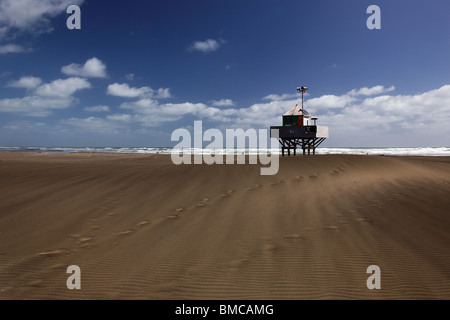 Un bagnini capanna sulla spiaggia Bethells, Auckland, Nuova Zelanda Foto Stock