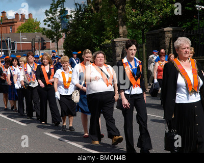 Orangefest, 12 luglio 2009 arancione sfilata attraverso il centro di Belfast. Solo uno dei tanti cortei in Irlanda del Nord. Foto Stock