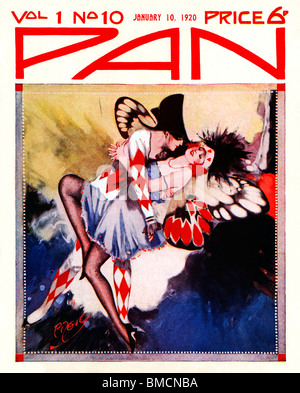 Pan, 10 gennaio 1920, art deco coperchio dell'inglese rivista letteraria, un pierrot abbraccia il suo angelo al masque sfera Foto Stock