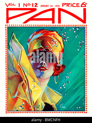 Pan, 24 gennaio 1920, art deco coperchio dell'inglese rivista letteraria, una splendida illustrazione di una ragazza ad un ballo in maschera Foto Stock