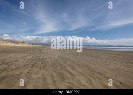 Una vista guardando verso sud lungo Ninety Mile Beach, Nuova Zelanda Foto Stock