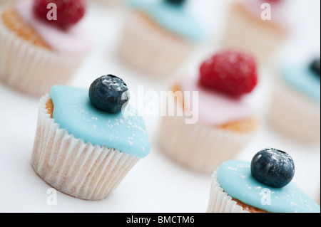 Colorato mirtillo e lampone mini tortine di frutta su sfondo bianco Foto Stock