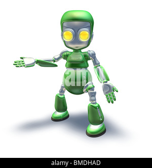 Un simpatico verde brillante lucido argento metallizzato carattere robot presentante o segnalare qualcosa Foto Stock