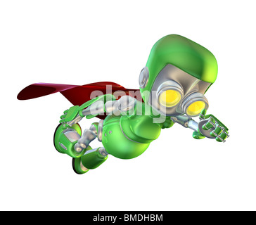 Un simpatico verde brillante lucido argento metalizzato supereroe super hero carattere robot volare in aria con un mantello rosso Foto Stock