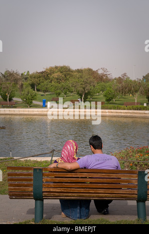 Al Azhar Park, situato vicino la moschea Azhar, attira famiglie, giovani coppie giovani e turisti provenienti da tutto il mondo. Foto Stock