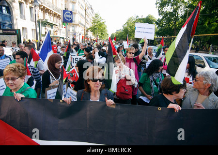 Manifestazione a Parigi per sostenere l'Irish-contrassegnato Rachel Corrie che trasportano gli aiuti umanitari alla striscia di Gaza. Foto Stock