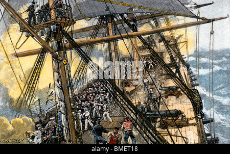 Deckhands in azione sulla USS "Costituzione" contro "Le Levant" e Cyane,' la guerra del 1812. Colorate a mano la xilografia Foto Stock