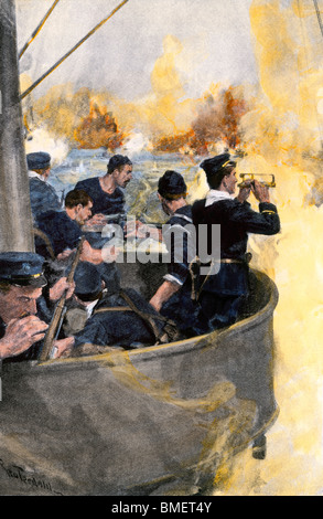 Combattimenti-top della USS "Indiana" durante la Battaglia di Santiago, Cuba, guerra ispano-americana, 1898. Colorate a mano di mezzitoni una illustrazione Foto Stock