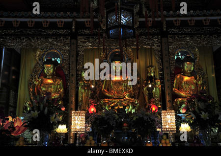 Tre Golden Statue di Buddha nella sala grande del tempio principale, il Monastero Po Lin, Isola di Lantau, Hong Kong, Cina Foto Stock