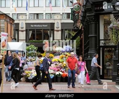 Venditore di fiori di Grafton Street Dublino Irlanda al di fuori della struttura Westbury Hotel nel centro della città Foto Stock