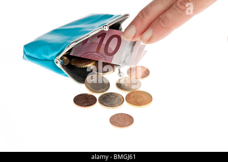 Un portamonete con banconote e monete in euro Foto Stock