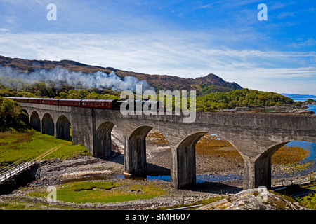 Giacobita treno a vapore attraversando Loch nan Uamh viadotto, Lochaber Scozia UK Europa Foto Stock