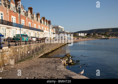 Il lungomare, il mare a parete, scivolo e pennelli di pietra a Swanage in la mattina di sole Foto Stock