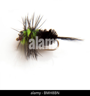 Montana trout fly isolato su un bianco di sfondo per studio. Foto Stock