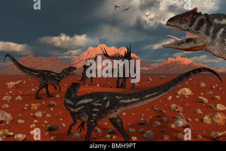 Allosaurus & Stegosaurus scontro. Foto Stock