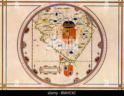 Mappa di Sud America stampato in Lisbona, 1571. Litografia a colori Foto Stock