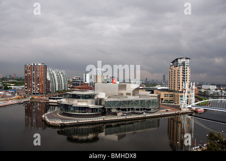 Vista dalla Imperial War Museum North, oltre il Manchester Ship Canal, il Lowry, Millennium Bridge, Salford Quays, Regno Unito Foto Stock
