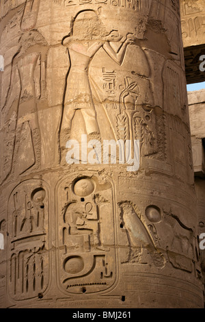 Luxor: Tempio di Karnak: Sculture in geroglifico sul montante a grande Hypostyle Hall Foto Stock