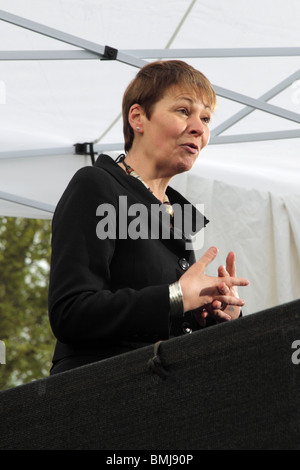 Caroline Lucas, Partito Verde del primo MP, dando intervista in TV su College Green durante il 2010 elezione, Westminster, London. Foto Stock