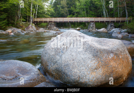 Passerella pedonale lungo il Lincoln Woods Trail, che attraversa Franconia Brook, nelle White Mountains, New Hampshire USA. Foto Stock