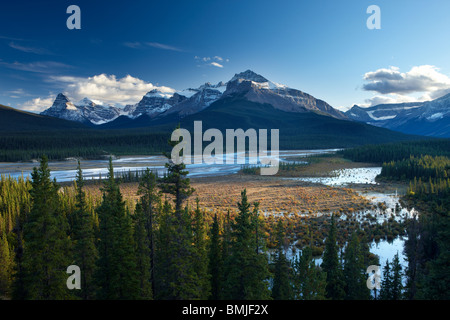 Il fiume Howse e Waputik montagne, Saskatchewan attraversando il Parco Nazionale di Banff, Alberta, Canada Foto Stock