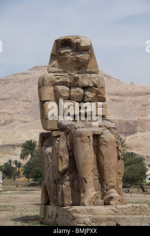 Egitto Luxor, West Bank, Colosso di Memnon. Gigante di pietra statue di Amenofi III (aka Amenhotep). Foto Stock