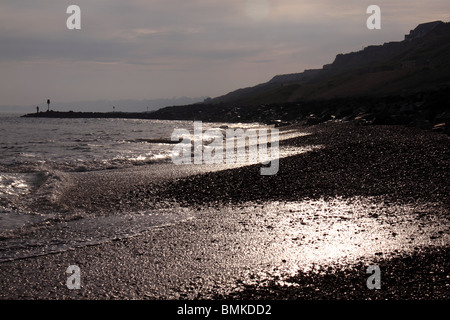 Sole sulla spiaggia ghiaiosa di Barton sul mare Foto Stock