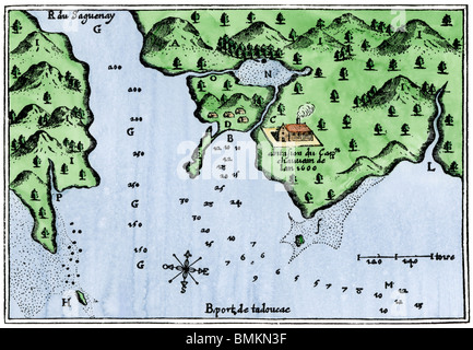 Il Champlain mappa di Tadoussac insediamento nella Nuova Francia, 1613. Colorate a mano la xilografia Foto Stock