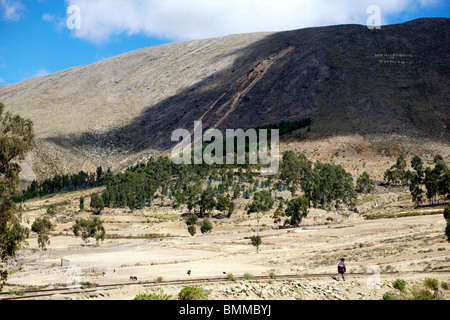 La gente camminare lungo il disuso la linea ferroviaria da Tarabuco vicino Sucre in Bolivia Foto Stock