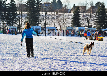 Donna che cammina il suo cane nella neve, cane tirando via Foto Stock
