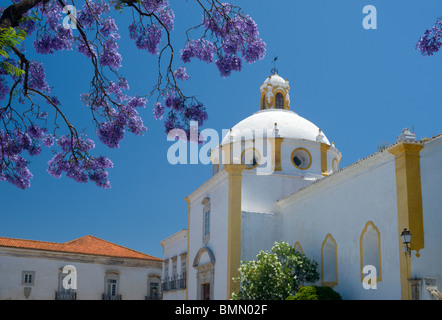 Il Portogallo, Algarve, Tavira, il Convento de Sao Francisco chiesa con Jacaranda albero in fiore Foto Stock