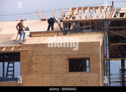 Carpentieri di lavoro nel tetto di un edificio di nuova costruzione, CALIFORNIA, STATI UNITI D'AMERICA Foto Stock