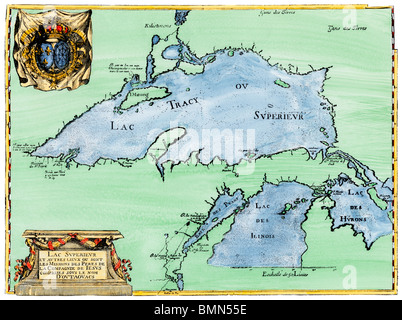 Gesuita francese mappa del lago Superior, Superiore nel Michigan e Wisconsin, 1600s. Colorate a mano la xilografia Foto Stock