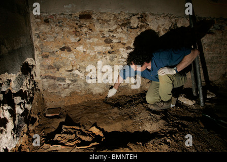 Archeologo dalla City di Londra museo scoprire le ossa in st marys chiesa harrow sulla collina Foto Stock