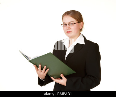 Giovane donna di affari con ledger libro isolato su sfondo bianco Foto Stock