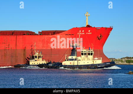 Nave cargo entrando in porto di Newcastle, Australia, accompagnato da due barche rimorchiatore. Foto Stock