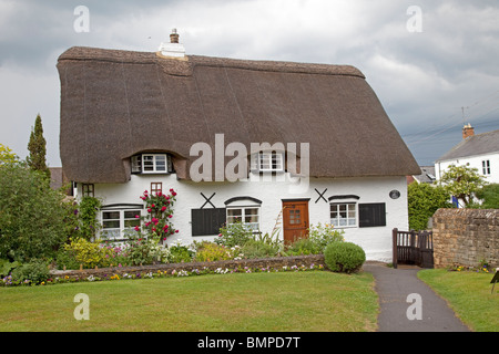 Attraente in bianco e nero cottage con il tetto di paglia Bishops Cleeve CHELTENHAM REGNO UNITO Foto Stock