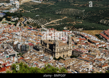 Cattedrale con vista panoramica sui tetti della città, Jaen, Provincia di Jaen, Andalusia, Spagna, Europa occidentale. Foto Stock