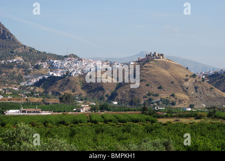Castello e la città sulla collina, Alora, provincia di Malaga, Andalusia, Spagna, Europa occidentale. Foto Stock