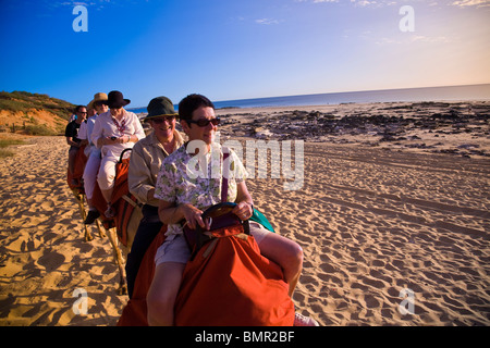 Una corsa in cammello sulla spiaggia di Cable Beach a sia all'alba o al tramonto è un visitatore tradizione in Broome Australia Occidentale Foto Stock