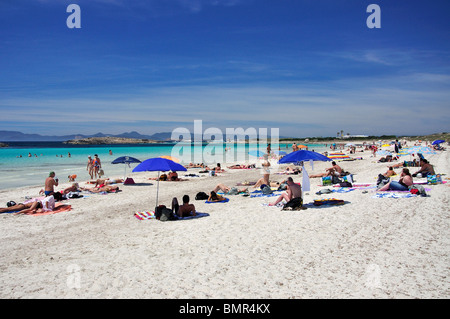 Vista della spiaggia, Platja de ses Illetes, Formentera, isole Baleari, Spagna Foto Stock