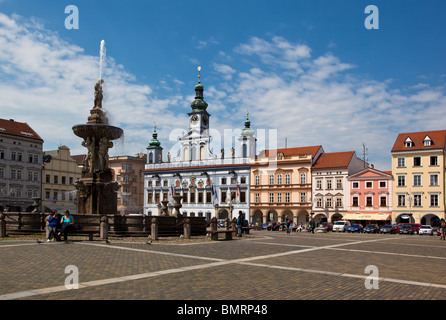 Piazza principale nella storica città vecchia di Ceske Budejovice, Budweis, Budvar, Bohemia Repubblica Ceca Foto Stock