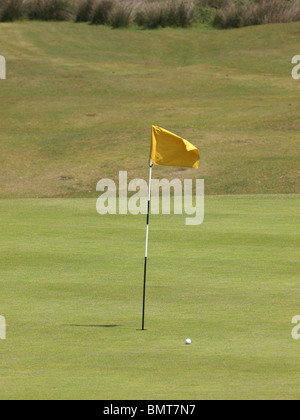 Campo da golf giallo pin e la sfera, Royal North Devon golf club, Condino Regno Unito Foto Stock