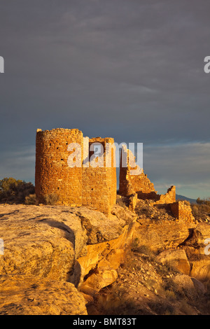 Hovenweep Castello lungo poco rovina Canyon Trail, tramonto, Hovenweep National Monument, Utah, Stati Uniti d'America Foto Stock