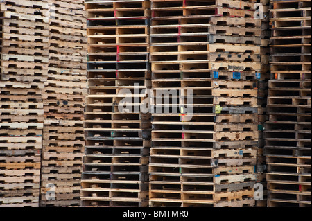 Pallet impilati in una società di riciclaggio a Mason County, Michigan, Stati Uniti. Foto Stock