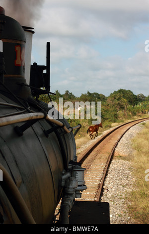 Cuba, Villa Clara, Remedios, locomotiva a vapore la guida lungo le rotaie di guida con un cavallo sulle piste Foto Stock