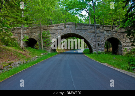 Carrozza strada in pietra ponte nel Parco Nazionale di Acadia, Mount Desert Island, Maine, USA, New England, foresta primavera paesaggio rurale percorso US Foto Stock