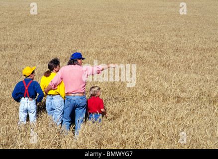 Azienda agricola di famiglia in campo di grano, Montana, USA Foto Stock