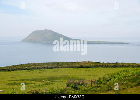 Bardsey Island attraverso il suono di Mynydd Mawr, Lleyn Pennisula, il Galles del Nord Foto Stock