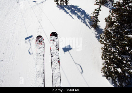 Sci di sciatore sullo ski lift Foto Stock